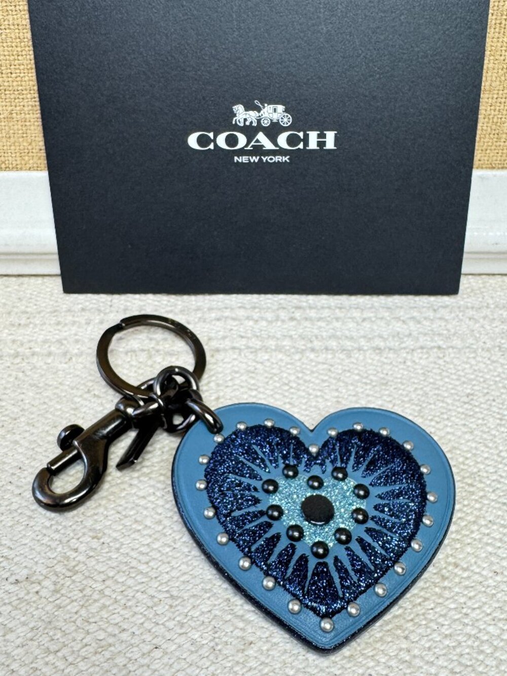 Coach Blue Heart Bag Charm Keychain Key Ring Fob Black Hardware Leather EUC